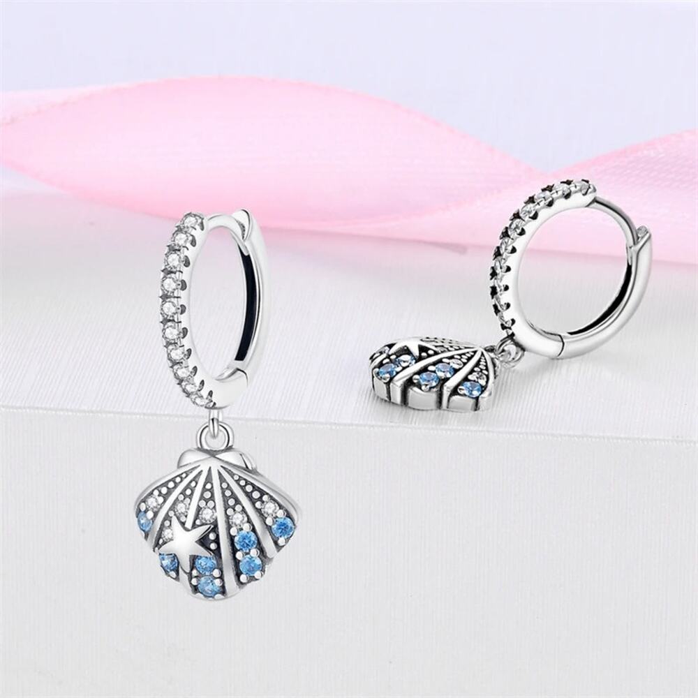 Sterling Silver Seashell Hoop Earrings with Blue Zircons S925 - Picture 4 of 5